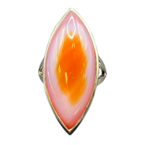 925 Sterling Silver Ring Agate Pink Orange Semi Precious Stone Marquise Size 9 - Picture 1 of 11